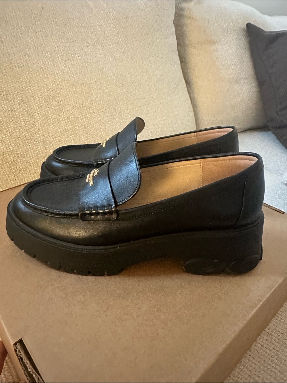 Coach Black Leather Penny Loafers with Gold Logo - Picture 5 of 9